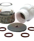 Top Shelf Number Twelve TIG Welding Gas Lens Cup Kit Featuring Borosilicate Glass And Ceramic Cups with titanium cover, diffuser, and spare O rings.