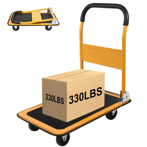 Foldable Platform Cart With Flatbed, 330 Lb Capacity, 4 Wheels, Portable Yellow Utility Cart For Home, Garage Or Shop