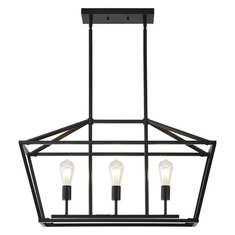 Farmhouse Linear Pendant Light Fixture For Kitchen Island Black 3 Light Cage Design Modern Contemporary Dining Room Lighting Height Adjustable Stem