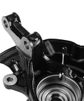Close-up view of the front steering knuckle and wheel bearing hub assembly, direct fit for Toyota Camry 2012-2017, 2.5L SE SE Sport XSE.