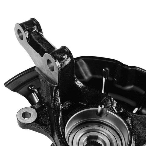 Close-up view of the front steering knuckle and wheel bearing hub assembly, direct fit for Toyota Camry 2012-2017, 2.5L SE SE Sport XSE.