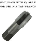 5 Piece NPT Thread Forming Taps Set For Pipe Threads Cleanup And Re Threading Damaged Or Jammed Threads, High Speed Steel Drill Bits Included, Sizes One Eighth Inch, One Quarter Inch, Three Eighths Inch, One Half Inch, Three Quarters Inch In Box shown with round shank and square end.