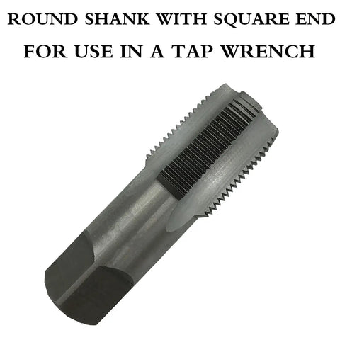 5 Piece NPT Thread Forming Taps Set For Pipe Threads Cleanup And Re Threading Damaged Or Jammed Threads, High Speed Steel Drill Bits Included, Sizes One Eighth Inch, One Quarter Inch, Three Eighths Inch, One Half Inch, Three Quarters Inch In Box shown with round shank and square end.