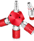 Three Way Air Hose Splitter With Red Manifold And Quarter Inch NPT Connections Pro Grade Industrial Swivel Plugs Nickel Plated Steel Couplers And Quick Connects For Heavy Duty Use