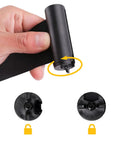 Close-up of hand adjusting 6.5 ft retractable belt on Premium Pro-Grade Crowd Control Stanchions, easy assembly, sturdy black 2-pack.