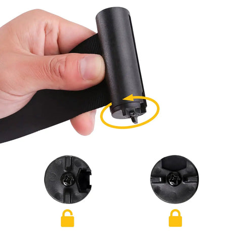 Close-up of hand adjusting 6.5 ft retractable belt on Premium Pro-Grade Crowd Control Stanchions, easy assembly, sturdy black 2-pack.