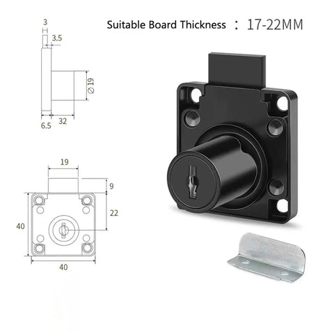 Sturdy Cam Lock For Desk Drawers And Wardrobes, Black Furniture Lock For Cabinets And Doors, illustration with dimensions