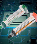 Pro Grade UV Light Curing Solder Mask Ink For PCBs, 2 Pcs Black And Green Solder Resist Ink syringes on PCB background