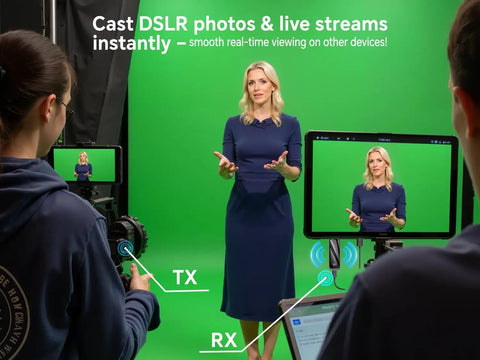 Ultra Long Range Wireless HDMI Transmitter And Receiver 4K 328 Feet Dual Band 5G And 2.4G No Wires Needed Plug And Play Display Adapter in use for live streaming on multiple screens.