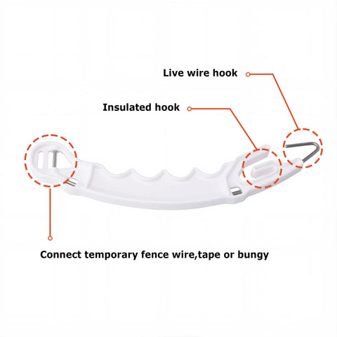 10 Pack Plastic Electric Fence Gate Handles With Insulated Hooks For No Fuss Gate Operation And Durable Fencing Setup For Long Lasting Power Fence Systems showing details of insulated hook and live wire hook.