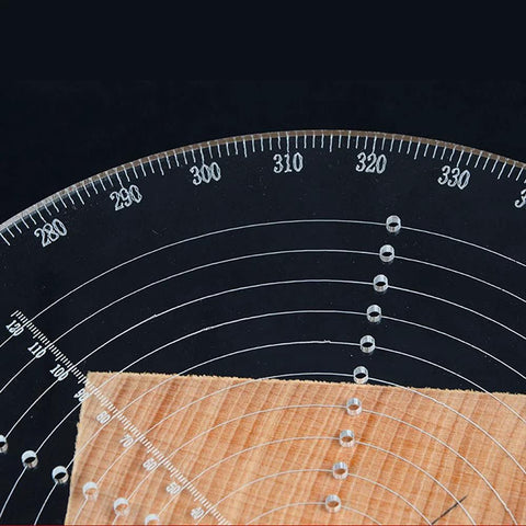 8-inch round center finder compass for woodworking; front view, black protractor with white degree marks.