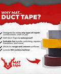 Stack of various colored duct tape rolls showing brand logo and features such as waterproof, suitable for repairs, and no residue.