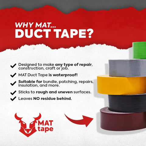 Stack of various colored duct tape rolls showing brand logo and features such as waterproof, suitable for repairs, and no residue.