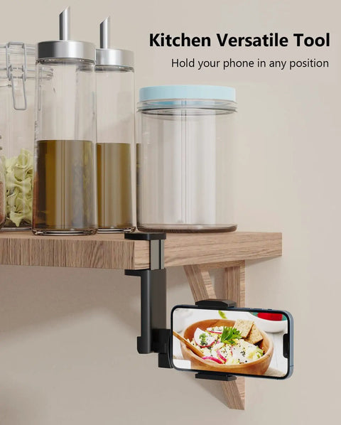 Airplane Travel Phone Holder Mount For Flying Universal Must Have Hands Free Phone Stand attached to kitchen shelf
