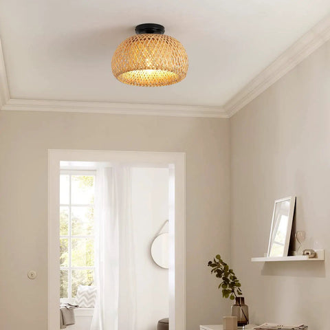 Bamboo Flush Mount Light Fixture With Woven Basket Design, Rustic Boho Semi Flush Ceiling Light in modern room setting