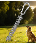 Heavy Duty Rustproof Stainless Steel Dog Tie Out Shock Absorber Spring in a park with a dog on a leash