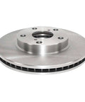 Front view of a front vented disc brake rotor with forged flange for precise fit, clear ABS signaling, and low vibration performance.