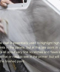 Person sanding an auto body panel with Graphite Guide Coat Kit For Auto Body Prep With No Masking Or Overspray Fumes Safe To Paint Over