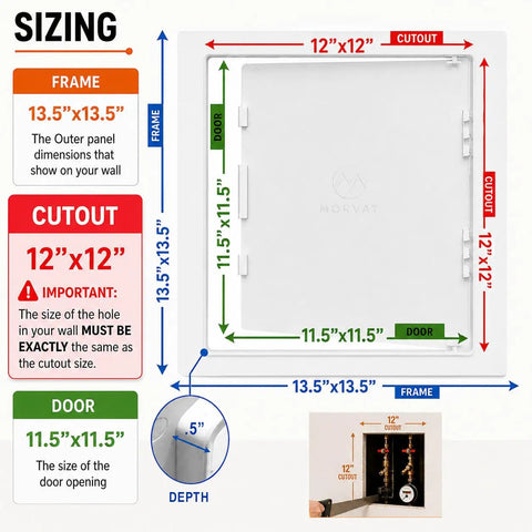 12x12 Inch Access Panel With Door For Drywall And Ceiling, Heavy Duty ABS Plastic Construction, Easy Install Wall Access Box, Wall Hole Cover Plate For Plumbing Electrical Wiring And Plywood, White, sizing diagram