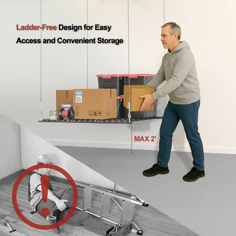 Heavy Duty Overhead Garage Storage Rack For 10 To 12 Ft Ceilings With A Slick Drop Down Release And Rock Solid Safety Locks 4X4 Foot Ceiling Loft Organizer 250 Lb Capacity Max Out Your Space