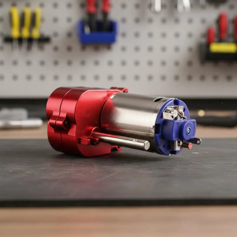 Heavy Duty Gear Motor Gearbox Assembly For Model Vehicles And RC Cars Plug And Play Power Upgrade Reliable Drive Component For DIY Upgrades And Maintenance Boosted Torque And Smooth Motion Black, red and silver metal unit