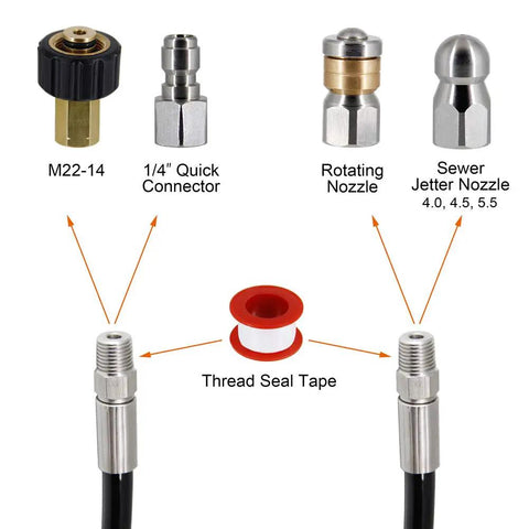 Pressure Washer Sewer Jetter Kit Pro Grade With 100 Ft Drain Cleaning Hose One Quarter Inch NPT Button Nose Rotating Sewer Jetting Nozzle Orifices 4.0 4.5 5.5 5800 PSI Ideal For Tough Clogs And Fast Drain Flow