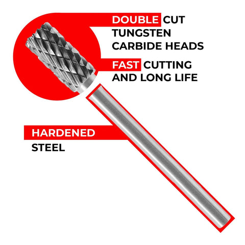 Double cut tungsten carbide bit from Tungsten Carbide Rotary Burr Set 20 Pc One Eighth Inch Shank Double Cut Bits for Die Grinders and Dremel.
