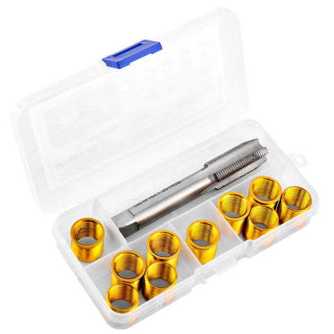 NINEFOX spark plug thread repair kit M14x1.25 with 10 gold inserts and tap in clear plastic case