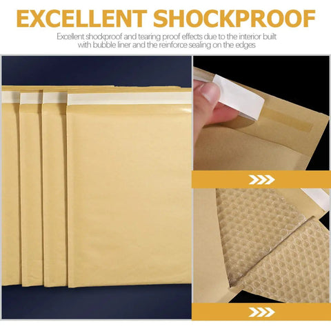 Bubble Mailers 16x22 CM Kraft Paper Self-Sealing Envelopes, showing shockproof feature with bubble lining and sealing strip.