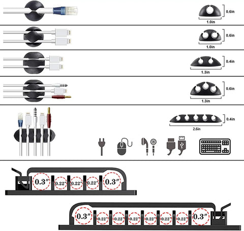Image of All In One Cable Management Kit with cord holders showing various clip sizes and uses for organizing cables.