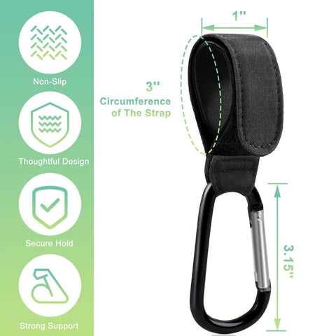 "Go To Hands Free Stroller Hooks For Bags, 2 Pack Non Slip Clips And Carabiner, Adjustable Stroller Accessory dimensions and features."
