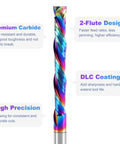 Pro Grade One Quarter Inch Shank Compression Router Bit Extra Long Four Inch Overall Length Two Inch Cutting Length DLC Coated Up Down Cut Solid Carbide CNC End Mill For Wood MDF Acrylic PVC Woodworking, colorful design, side view