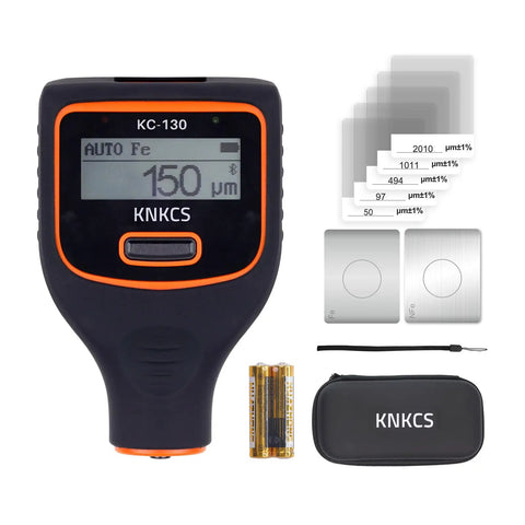 Paint Thickness Gauge With Dual Screen For Iron Aluminum Zinc And Car Body Filler Auto Detect Material Type Coating Thickness Meter 0 To 3000 Micrometers Range Auto Generate Measuring Reports Supports Micrometers Millimeters And Mils shown with accessories including calibration foils and carrying case
