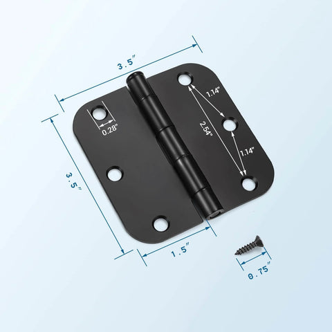 Matte Black Door Hinges 3 Pack 3.5 Inch By 3.5 Inch Heavy Duty No Squeak Rust Proof Interior Hinge Set with size dimensions shown.