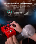 Close-up of FV01 Vocal Effects Processor With Pitch Correction And Delay Reverb being adjusted during live performance with microphone visible.