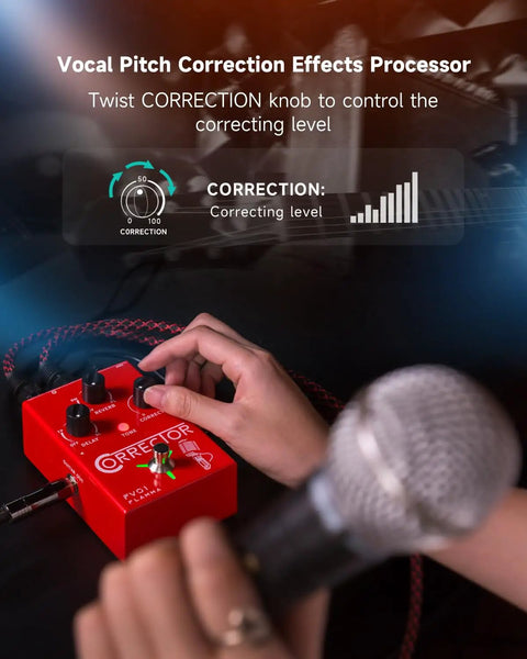 Close-up of FV01 Vocal Effects Processor With Pitch Correction And Delay Reverb being adjusted during live performance with microphone visible.