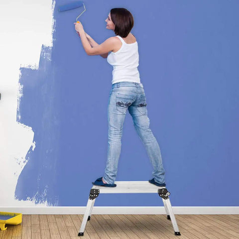 Person painting on Aluminum Step Ladder Work Platform Drywall Bench Folding Heavy Duty Extra Large Portable No Assembly Needed