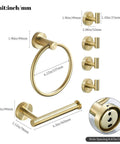 Brushed Gold Bathroom Hardware Set 6 Piece Kit With Toilet Paper Holder, Towel Ring, Hand Towel Bar, 4 Robe Hooks, Wall Mount