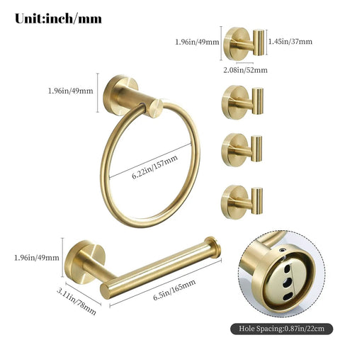 Brushed Gold Bathroom Hardware Set 6 Piece Kit With Toilet Paper Holder, Towel Ring, Hand Towel Bar, 4 Robe Hooks, Wall Mount
