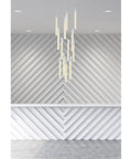 Modern 13 Light Chrome Pendant Chandelier With Brilliant Crystals that truly hits different in large rooms against a sleek striped wall.