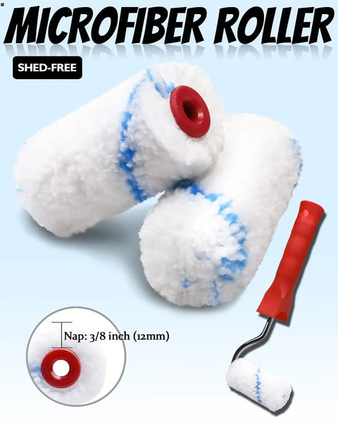 2 Inch Paint Roller Kit With High Density Foam Rollers And 3/8 Inch Nap Microfiber Covers For Walls Cabinets Craft And Touch Up Includes Mini Rollers Tray And 16 Piece Set For Pro DIY Projects showing microfiber rollers with red handle