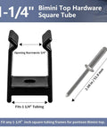 Black anti-rattle pontoon bimini clip for square tube frames, fits 1-1/4 inch tubing, shown with dimensions and pin.