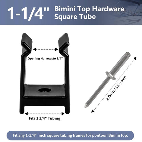 Black anti-rattle pontoon bimini clip for square tube frames, fits 1-1/4 inch tubing, shown with dimensions and pin.