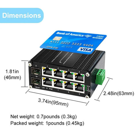 Industrial 8-Port Gigabit PoE+ Switch With 2 SFP Slots, dimensions shown next to credit card for scale, DIN Rail Mount