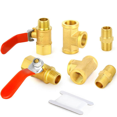 Six Pack 1/4 Inch NPT Brass Pipe Fittings With Ball Valve And Barstock Tee And Air Hose Fittings, Solid Brass Construction