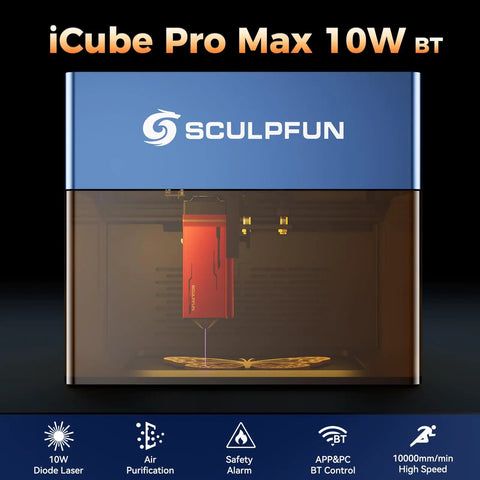 Front view of ICube Pro Max 10W Mini Laser Engraver With Smoke Filter And Temperature Alarm, showing engraving area and features.