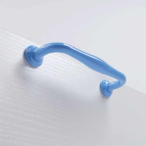 4 Pack Blue Aluminum Cabinet Pulls With 3.78 Inch Hole Centers 96mm And 4.49 Inch Length 114mm Drawer Handles installed on a white surface