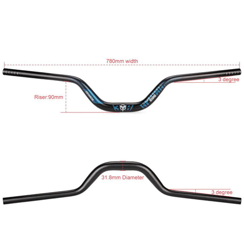Trail Ready 31.8mm MTB Riser Handlebar 780mm Wide Aluminum Alloy Bar With 90mm Rise, side and front view showing dimensions.