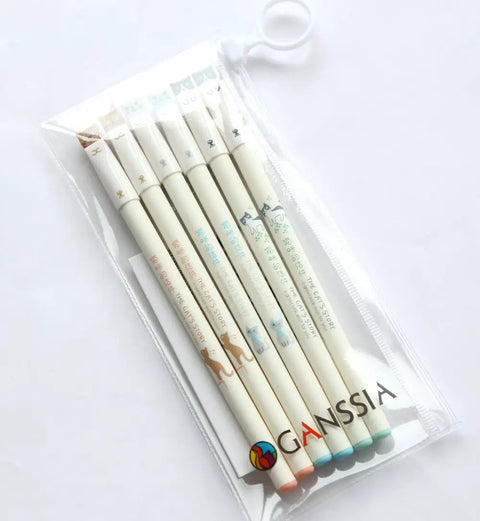 Clear pouch containing a colorful cat themed gel pens set with 0.38mm black ink, adorable cat cap tops, kawaii design for sketching.
