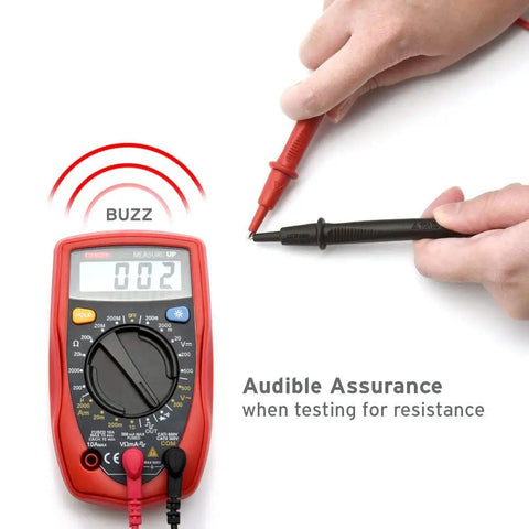 Person using Must Have Digital Multimeter For Home And Auto Use, AC DC Voltage Tester With Continuity, Resistance, Diode Test, Amp And Ohm Meter, Two Built In Ceramic Fuses, Red MSR R500, demonstrating resistance test with probes.
